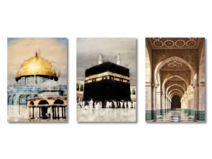 Toiles Aqsa Mekka triptyque Or, Beige,Noir  Art Mural Islamique 3 pieces - Taille cm : 50x70cm